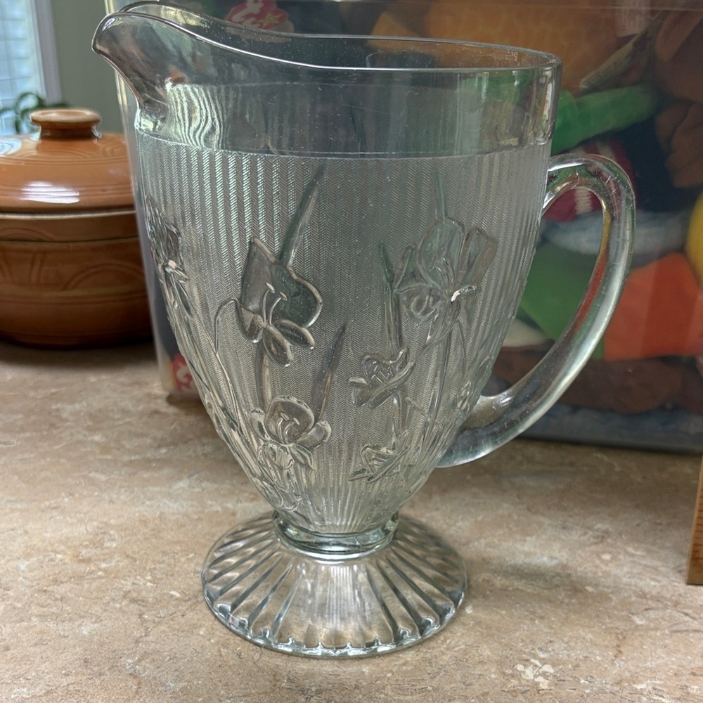Iris & Herringbone Federal Floral Pedestal Pitcher - Clear